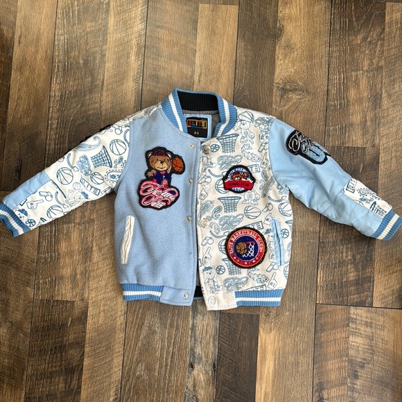 ELITE PREMIUM l Vintage Varsity Jacket with Patches - Blue and White  2/3 T - Picture 1 of 10